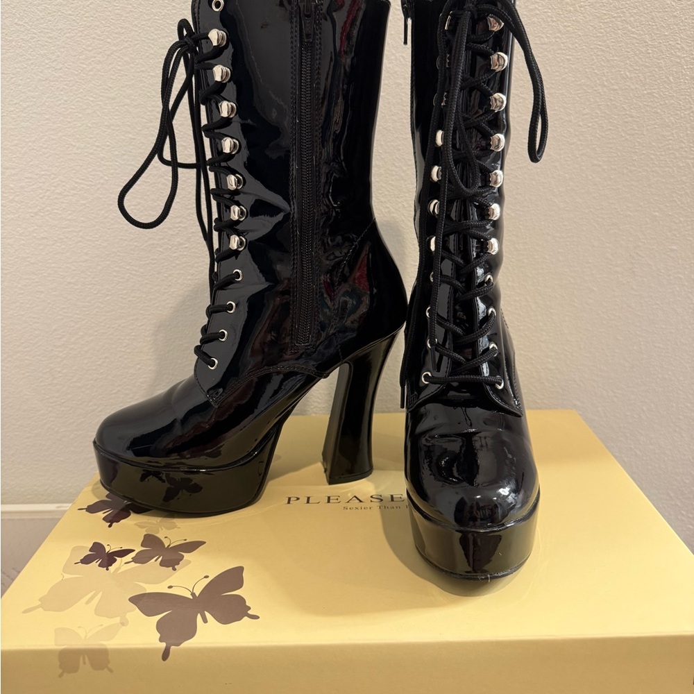 Pleaser Shiny Black Lace-Up Platform Boots